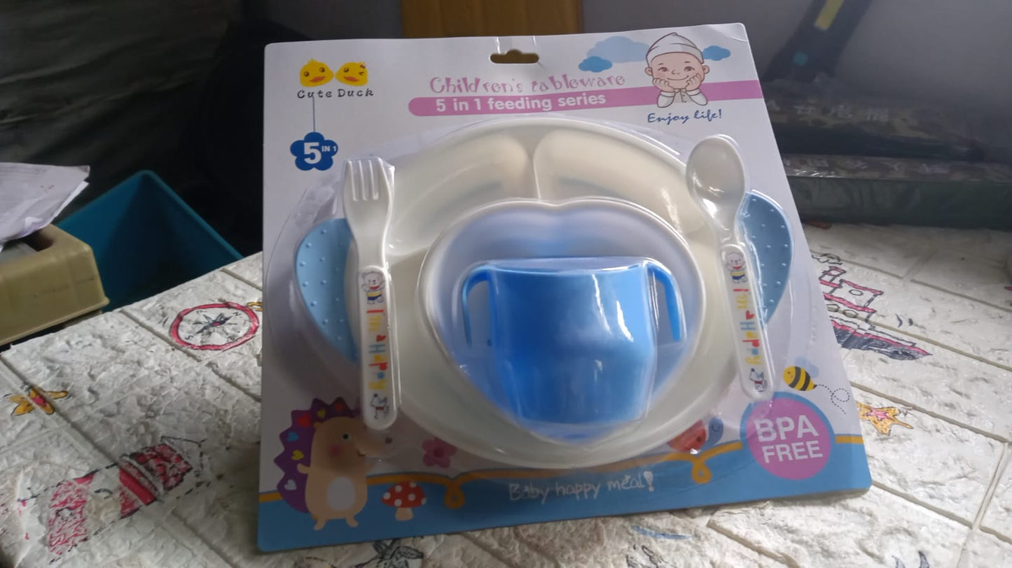 5in1 Baby Feeding Set for Kids and Toddlers,Children Children Dinnerware Set - Feeding Set for Kids, Cartoon Design Plate, Cup, Spoon, Fork Tableware Cutlery for Kids Microwave (5 Pcs Set)